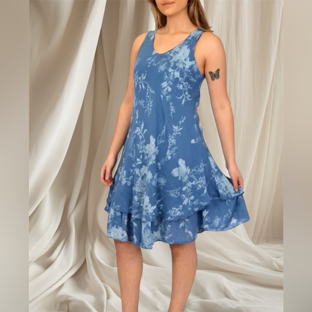 Blue Floral Sleeveless Dress gauzy soft material
Size medium